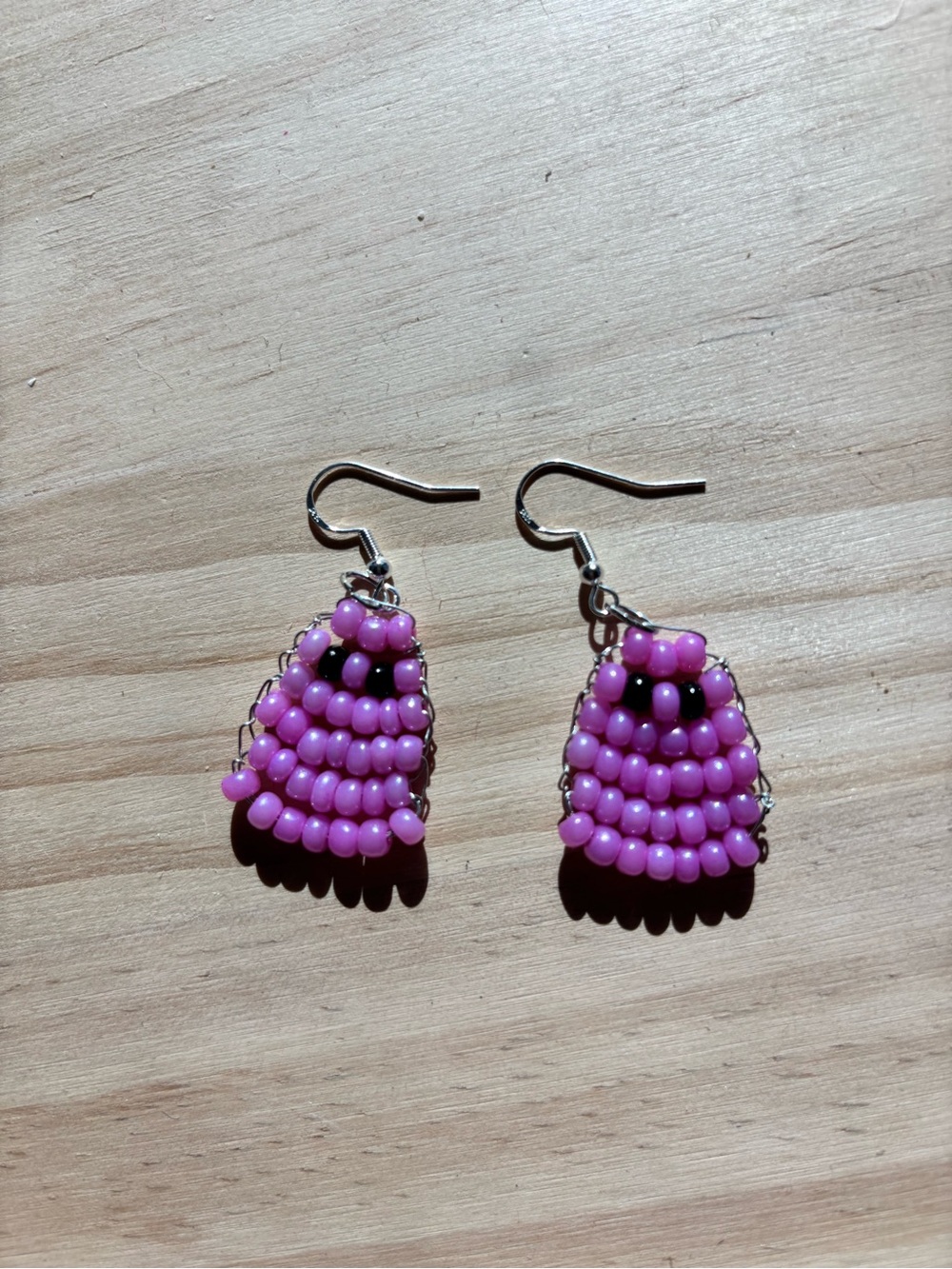 Handmade Pink Beaded  Ghost Dangle Earrings